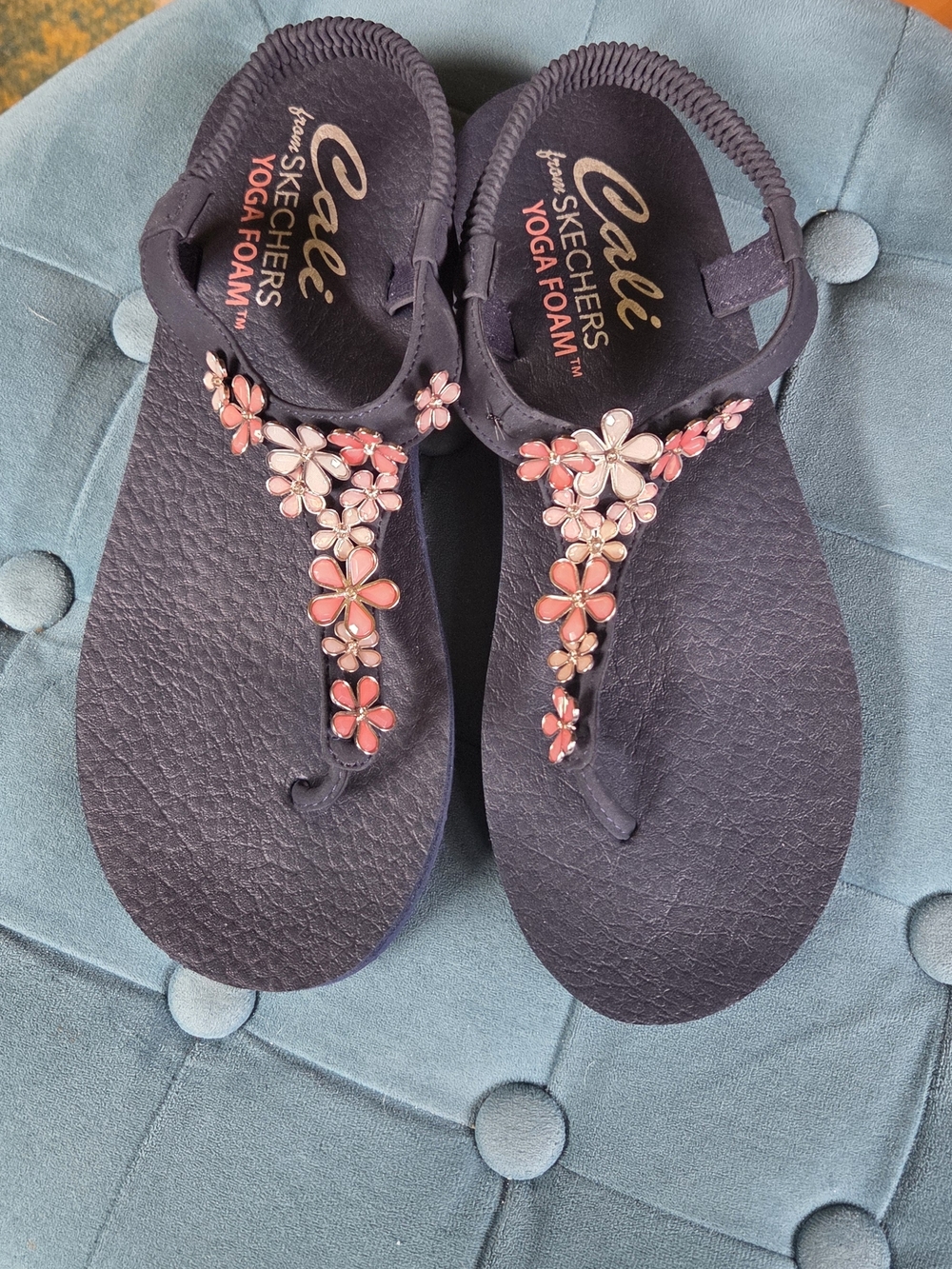 Skechers Navy Floral T-Strap Sandals with Pink Flower Accents